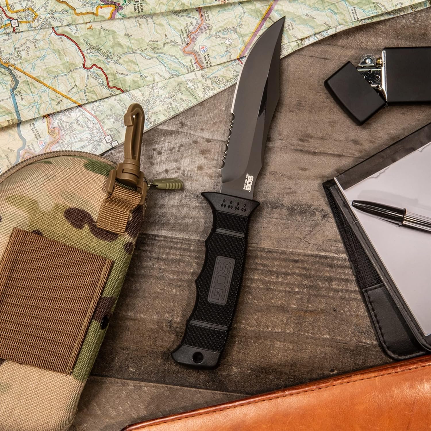 Tactical knife on a table